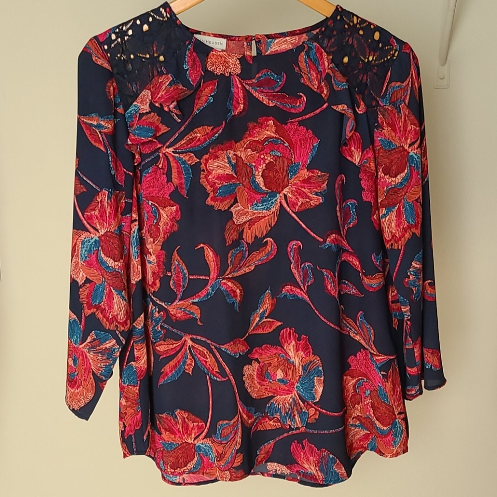 Navy Blue Floral Blouse with Lace